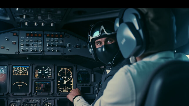 a terrorist, a man is with the pilot in the cockpit of a passenger plane, in the airplane, terror and hijacking of an airplane, terror and terrorist attack, fictional