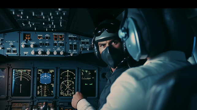 a terrorist, a man is with the pilot in the cockpit of a passenger plane, in the airplane, terror and hijacking of an airplane, terror and terrorist attack, fictional