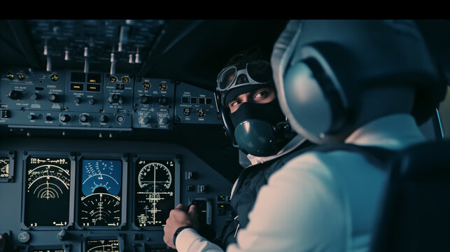 a terrorist, a man is with the pilot in the cockpit of a passenger plane, in the airplane, terror and hijacking of an airplane, terror and terrorist attack, fictional