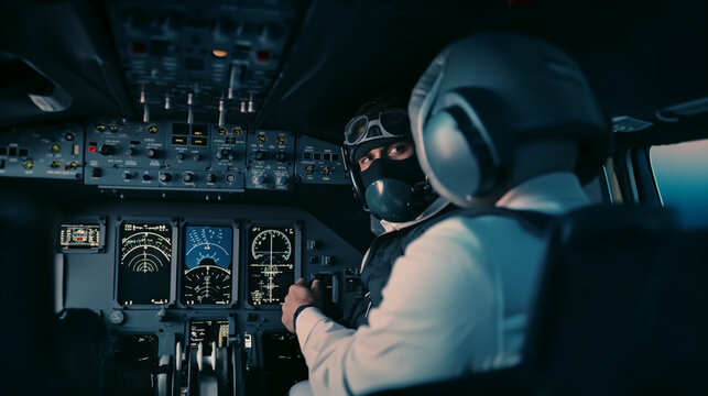 a terrorist, a man is with the pilot in the cockpit of a passenger plane, in the airplane, terror and hijacking of an airplane, terror and terrorist attack, fictional