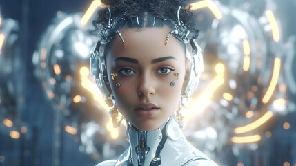 a woman combined with technology and hardware of a robot with artificial intelligence, knowledge and power and insights after linking, sad eyes and hopeless blank look