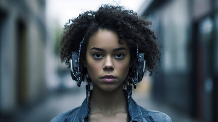 simple hardware and technology, robots and artificial intelligence, strength of a young adult woman, multiracial, curly hair, tanned skin tone, 20s
