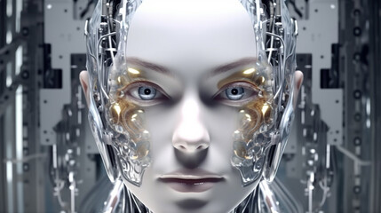 a strange and creepy-looking robot in female human form, machine and technology, artificial intelligence, metal and white skin color, intrusive hypnotic look