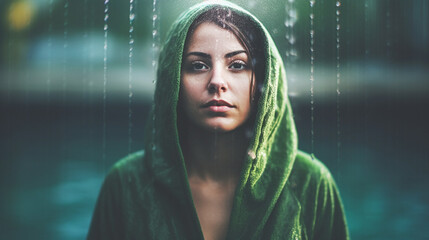 adult woman, wearing green bathrobe, wellness and spa or psychiatry or cult and cult leader or thoughtful and dreamy, tropical fictional place, deep in thought or relaxed and enjoying calm and silence