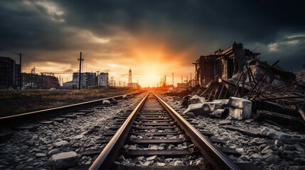 Fototapeta na wymiar on the railway tracks towards the sunrise, destroyed city and buildings, ruins and abandoned area, deserted, end of the world or extinction of humanity such as pandemic or earthquake or climate change