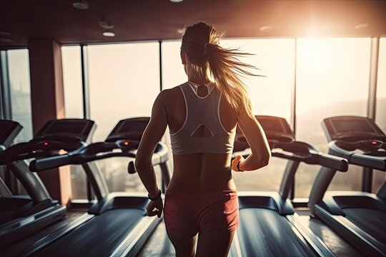 A woman running on a treadmill in a gym created with Generative AI technology