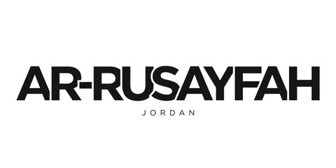Ar Rusayfah in the Jordan emblem. The design features a geometric style, vector illustration with bold typography in a modern font. The graphic slogan lettering.