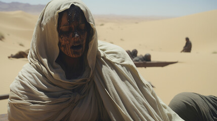 Abstract, Caucasian young adult woman finds oil in the desert, wearing sun protection clothing, simple long fabric with hood, in the desert, oil smeared face, dramatic and unhappy