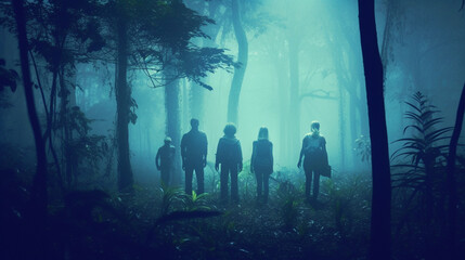 abstract and dramatic, teenagers, lost or pursued in the forest as an adventure, fighting for survival, or in the wilderness or jungle or forest, group of young teenage boys, horror or fictional event
