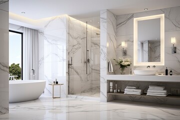 A luxurious bathroom with elegant marble finishes created with Generative AI technology - obrazy, fototapety, plakaty