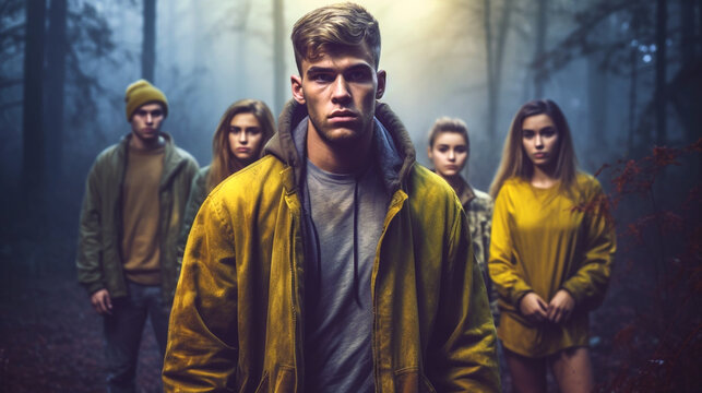 abstract and dramatic, teenagers, lost or pursued in the forest as an adventure, fighting for survival, or in the wilderness or jungle or forest, group of young teenage boys, horror or fictional event
