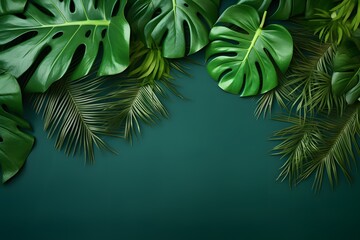 Tropical monstera and palm leaves in green summer background.