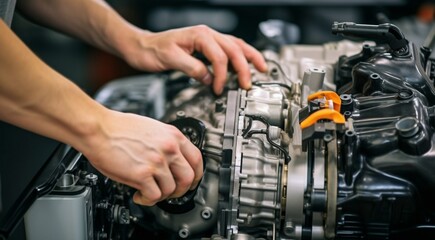 Fototapeta na wymiar close-up of a auto mechanic repairing engine, close-up car engine, auto mechanic hands fixing car engine, mechanic fixing car