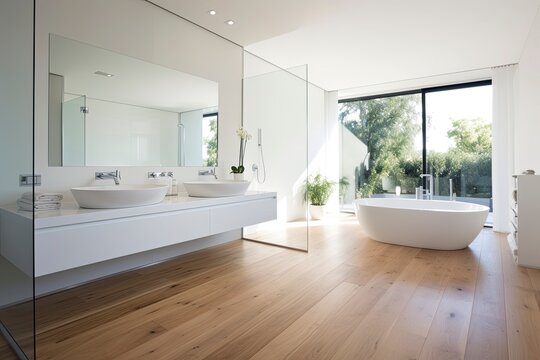 A spacious bathroom with a luxurious tub and double sinks created with Generative AI technology