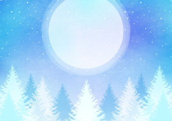 雪がふる森と満月の風景 幻想的な冬の自然の水彩背景イラスト