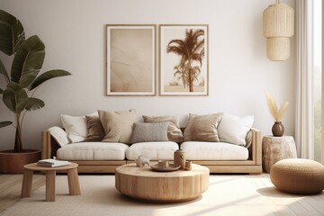 Stylish living room with Scandi-boho interior, showcasing a wall mockup, rendered in 3D. Generative AI