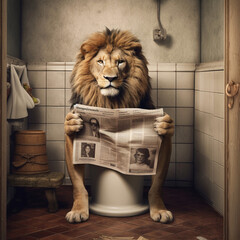 lion sit on the toilet, reading a newspaper, leo sitting on the luxe potty, restroom humor, albino lion - obrazy, fototapety, plakaty