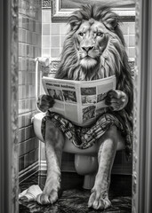 Lion sit on the toilet in a robe, reading a newspaper, leo sitting on the luxe potty, restroom humor, black and white