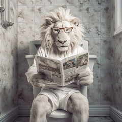 white lion sit on the toilet, in a robe, reading a newspaper, leo sitting on the luxe potty, restroom humor, albino lion