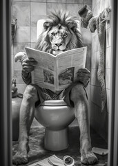 Lion sit on the toilet, in a robe, reading a newspaper, leo sitting on the luxe potty, restroom humor, black and white