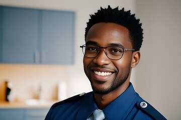 Handsome Smiling African Male Dentist in Blue Uniform and Eyeglasses, Engaging with Camera