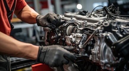 close-up of a auto mechanic repairing engine, close-up car engine, auto mechanic hands fixing car engine, mechanic fixing car - obrazy, fototapety, plakaty