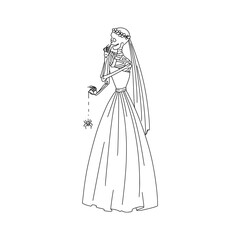 Skeleton bride in a wedding dress. Happy Halloween line art vector illustration.