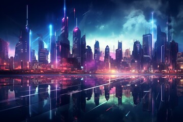Fototapeta na wymiar Cityscape with futuristic holograms in a cyberpunk-themed color scheme, representing advanced technology in a virtual world. Generative AI