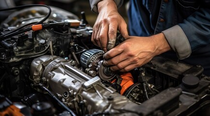 Fototapeta na wymiar close-up of a auto mechanic repairing engine, close-up car engine, auto mechanic hands fixing car engine, mechanic fixing car