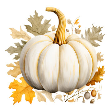 Watercolor autumn white pumpkin illustration Generative AI, png image.