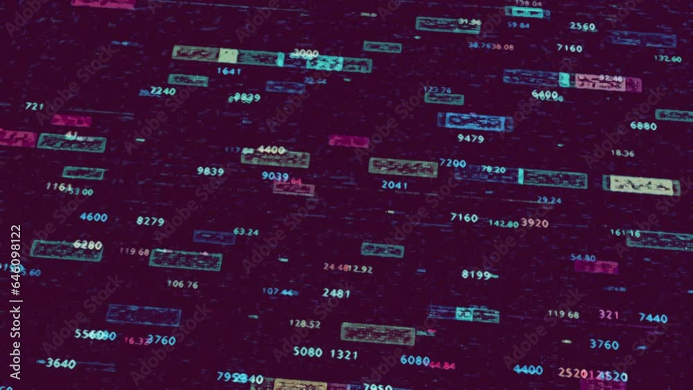 Poster abstract geometric technological pattern with blocks of data moving on black background. animation. 
