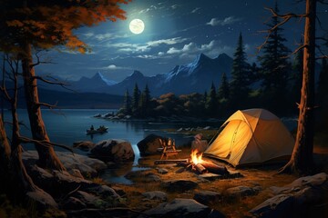 An ideal vacation image featuring a tent and bonfire amidst a moonlit camping scene. Generative AI