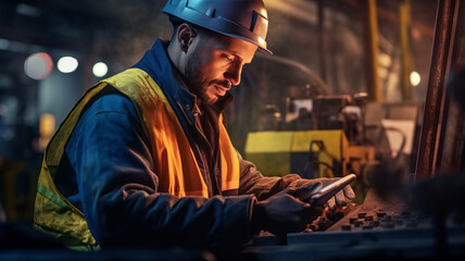 photograph of A male engineer with tablet working on construction heavy machine in industrial plant.,generative ai