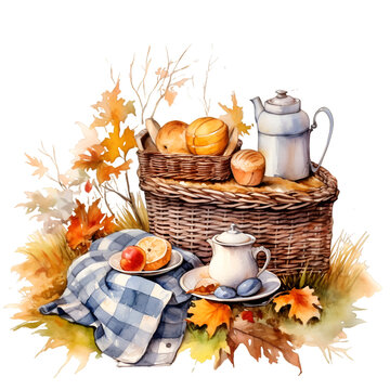 Watercolor autumn picnic illustration Generative AI, png image.