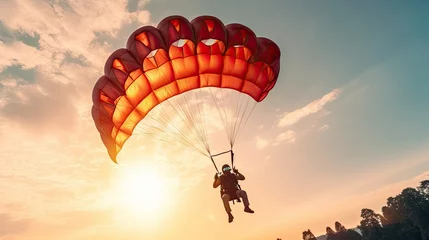 Fotobehang a parachutist in a parachute at sunset. Extreme sport, entertainment. Hobbies and recreation © masyastadnikova