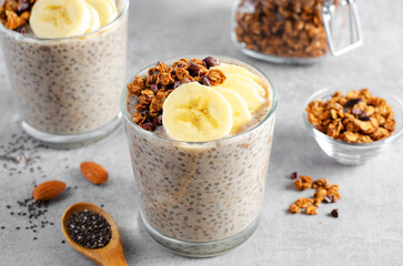 Chia Pudding with Banana, Granola and Cinnamon, Overnight Banana Oats, Healthy Breakfast or Snack, Vegetarian Food