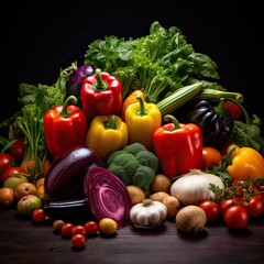 Professional Shot of a Bunch of Vegetables on a Wooden Surface over a Dark Background.