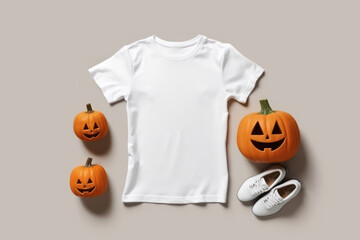 White women men kids t-shirt mockup with shoes, Halloween pumpkin on beige background. Halloween Design t shirt template, POD, Print on demand, print presentation tee mock up. Top view.
