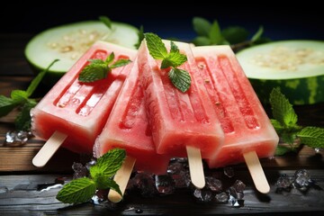 Delicious watermelon ice cream on plate, closeup. Homemade watermelon popsicles with ice against a vintage metal tray background - Powered by Adobe