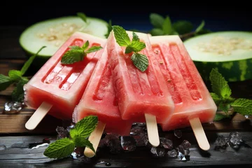 Schilderijen op glas Delicious watermelon ice cream on plate, closeup. Homemade watermelon popsicles with ice against a vintage metal tray background © Irina Mikhailichenko