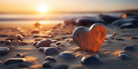 Stone in shape of heart on beach by sea, generative ai - obrazy, fototapety, plakaty