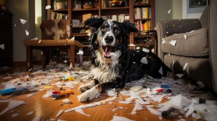 Fototapety  Pranks of a playful funny pet. The dog tore the books