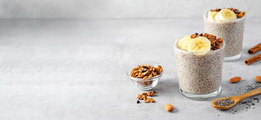Chia Pudding with Banana, Granola and Cinnamon, Overnight Banana Oats, Healthy Breakfast or Snack, Vegetarian Food