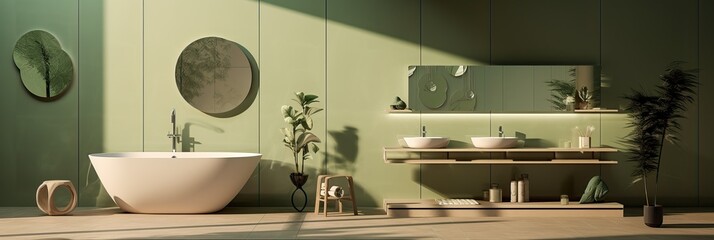 Modern and Naturalistic Bathroom. Green Walls and some Vegetation Inside.