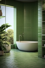 Modern and Naturalistic Bathroom. Green Walls and some Vegetation Inside.