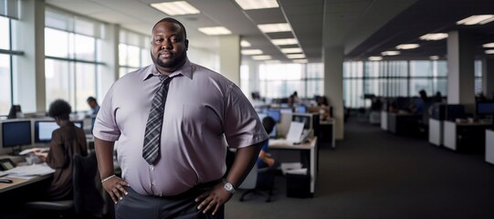 Fototapeta na wymiar a plussize black businessman or ceo in a shirt and tie standing in an office
