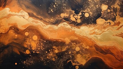 Background of dark golden and copper hues with abstract fluid art. Marble in motion. a gradient and lines of brown acrylic paint on canvas. Background made of alcohol ink and glitter. - obrazy, fototapety, plakaty