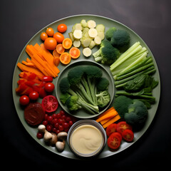 Freshly sliced vegetables arranged on a plate with sauces on the dark background