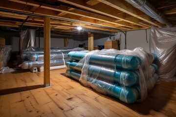 Fully encapsulated crawl space with thermoregulatory blankets and dimple board, visible radon mitigation system pipes. Basement location for energy-saving home improvement. Generative AI