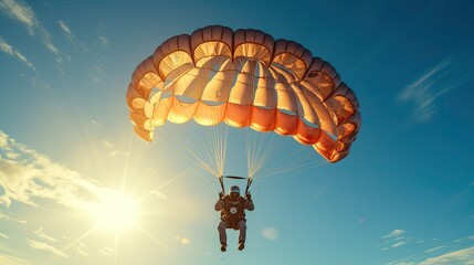 a parachutist in a parachute at sunset. Extreme sport, entertainment. Hobbies and recreation - obrazy, fototapety, plakaty